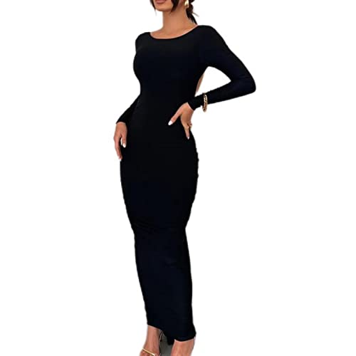 WEITING Elegantes rückenfreies Maxikleid für Frauen, Robe, Herbst, volle Ärmel, figurbetont, hohe Taille, unregelmäßige Geraffte Lange Kleider, Vestido-Schwarz, S von WEITING