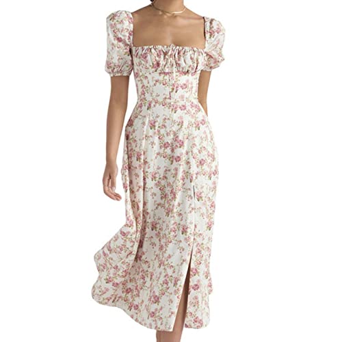 WEITING Frauen Süße Kleider Sommer Kleidung Flattern Kurzarm Square Neck Floral Elastische Taille Kleid Abend Party Streetwear-al von WEITING