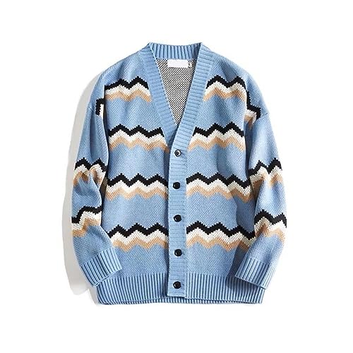 WEITING Frühling Herbst Wellenmuster Gestrickte Jacken Herren Lose Kausal High Street Große Gestreifte Strickjacke Pullover Männliche Kleidung-Blau-6XL von WEITING