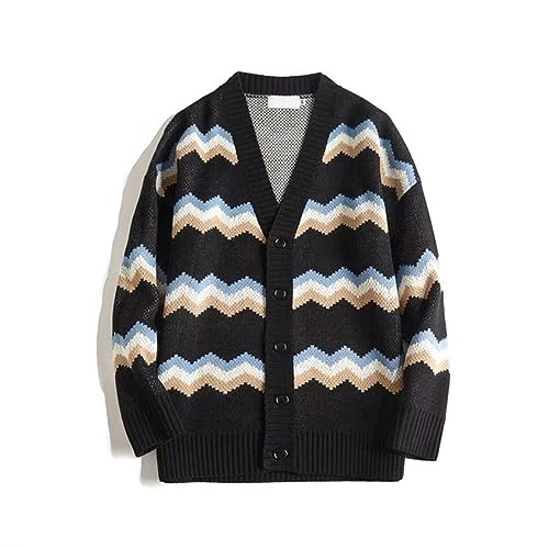 WEITING Frühling Herbst Wellenmuster Gestrickte Jacken Herren Lose Kausal High Street Große Gestreifte Strickjacke Pullover Männliche Kleidung-Schwarz-6XL von WEITING