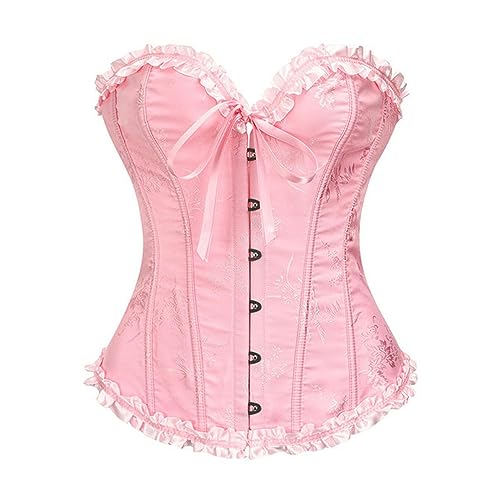 WEITING Gelbes Jacquard-Korsett mit Rüschen ohne Knochen, sexy Überbrust-Push-Up-Korsett für Damen, sexy Gothic-Outfit für Damen, Rosa, S von WEITING