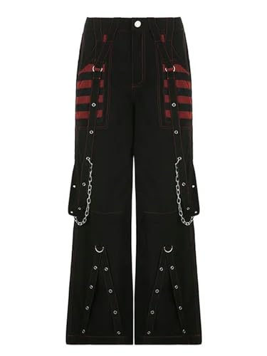 WEITING Goth Dark Y2k Punk Wide Leg Grunge Black Pants Mall Gothic Harajuku Baggy High Waist Hose Strap Patchwork Kleidung-schwarz-L von WEITING