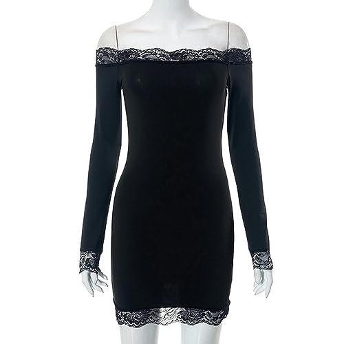 WEITING Gothic Dark Lace Black Mall Goth Basic-Kleid mit Langen Ärmeln, schmales Grunge-Minikleid, schulterfrei, sexy Partykleidung, Schwarz, S von WEITING