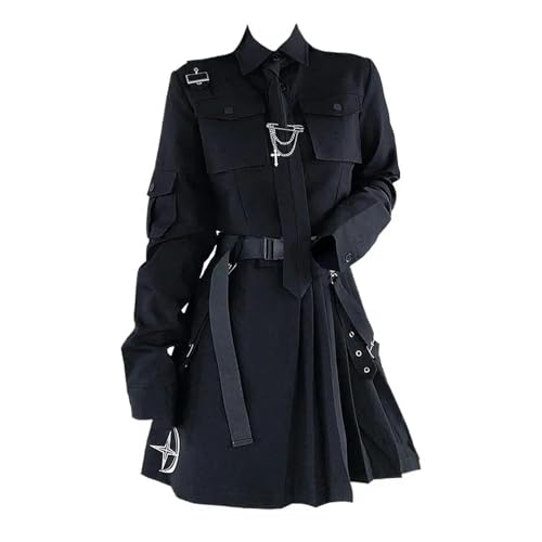 WEITING Gothic-Kleidung für Damen, Faltenrock, langärmeliges Hemd, zweiteiliger Anzug, Harajuku, Vintage, koreanischer Punk-Stil, schwarzes Set, Kleid-zweiteiliger Anzug-S von WEITING