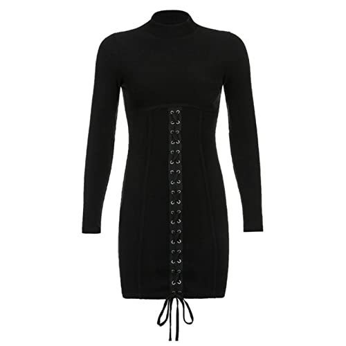 WEITING Gothic Schnürung Schwarz Korsett Kleider Frauen Streetwear Ästhetisch Vintage Bodycon Kleid Langarm Harajuku Sexy Party Kleid-Schwarz, L von WEITING