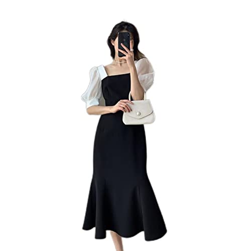 WEITING Harajuku Französisch Vintage Maxikleider für Frauen Party Kurzarm Damen Slim Casual Koreanisches Kleid Sommer-Schwarz, M von WEITING