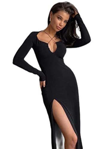 WEITING Herbst gekreuztes Dekolleté Maxikleid Frauen Prägnante Seitenverschüttung Elegant Vestido Dame High Street Bodycon Slim Robe Rock-Schwarz, S von WEITING