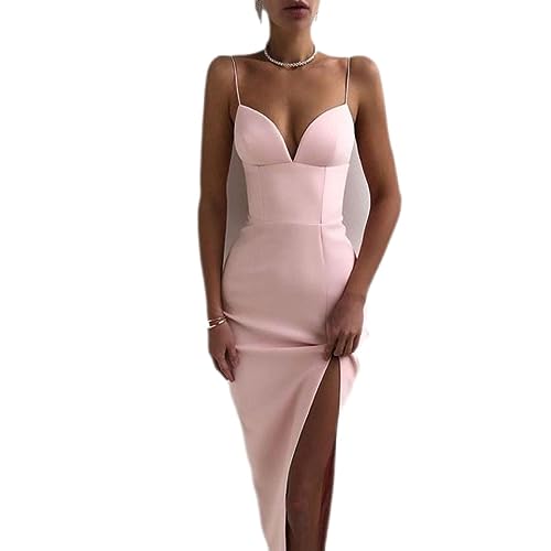 WEITING Hochgeschlitztes Midi-Bodycon-Kleid für Damen, sexy Spaghettiträger, Korsettkleid, Club-Party, Vestidos, rückenfreie Kleidung, Rosa, XL von WEITING