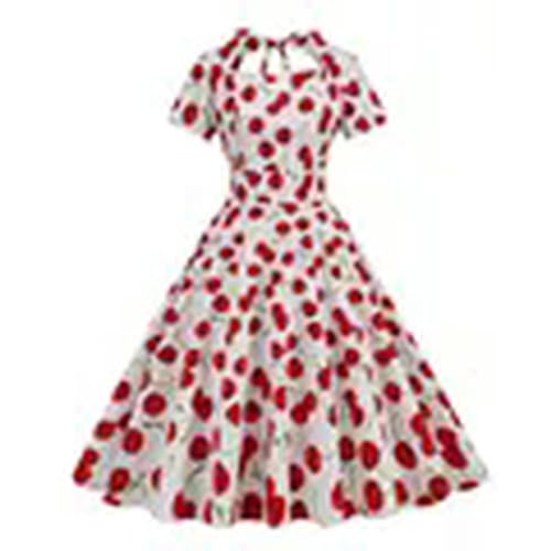 WEITING Kirschdruck Herzförmiger Ausschnitt Vintage 50er 60er Rockabilly-Kleid Damen Kurzarm Krawatte Rückenfrei Sommerkleidung Baumwolle Midi-Kleider-Weiß Kirsche-XL von WEITING