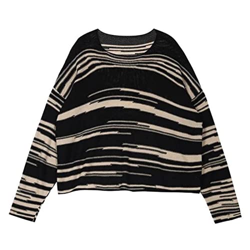 WEITING Koreanische Mode Zebra Gestreifter Vintage Damen Pullover Lose O-Ausschnitt Langarm Top Frühling Herbst Oversize Pullover Damen-BK,S von WEITING