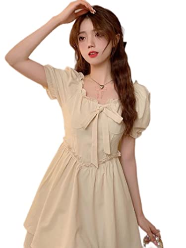 WEITING Koreanischer eleganter adretter Stil Damen solides Minikleid Sommer quadratischer Kragen Schleife süßes Prinzessinnenkleid Puffärmel Kawaii gestuftes Kleid-Khaki, M von WEITING