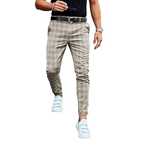 WEITING Leinenhose for Herren Mode Herren Casual Business Slim Fit Karierte Hose Karierte Business Anzughose Jogginghose Herrenhosen (Color : Khaki, Size : S) von WEITING