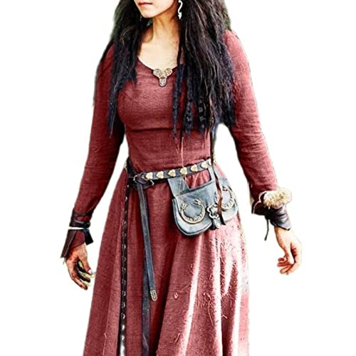 WEITING Mittelalterliches Kleid Damen Langarm Maxi Robe Vintage Fee Elfenkleid Renaissance Keltisch Wikinger Gothic Kleidung Fantasy Ball -Weinrot,5XL von WEITING