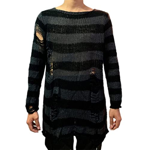 WEITING Punk Goth Cooler Herren Gestreifter Langer Pullover Herren Stretch Dünner Pullover Ripped Hole Hole Sweater Hollow Out Schlitze Frühling Strick Top Pullover - Schwarz und Grau, Einheitsgröße von WEITING