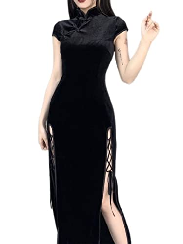 WEITING Romantische Gothic Samt Ästhetische Kleider Vintage Frauen Schwarz Bandage SlitHem Figurbetontes Kleid Sexy Abendgarderobe Cheongsam-Schwarz, L von WEITING