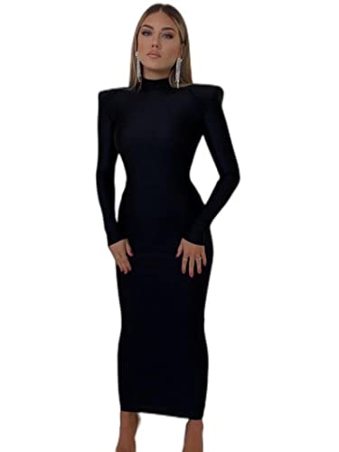 WEITING Schulter Gepolstertes Langarm Bodycon Grün Party Club Maxi Langes Kleid Frühling Herbst Frauen Mode Elegante Kleidung - Schwarz, M von WEITING