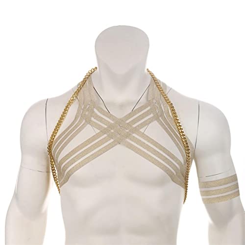 WEITING Sexy Männer Körper Brust Metallkette Harness Elastischer Schultergurt Bühnenkostüm Clubwear Halskette Dessous Homme-Gold Gold, Einheitsgröße von WEITING