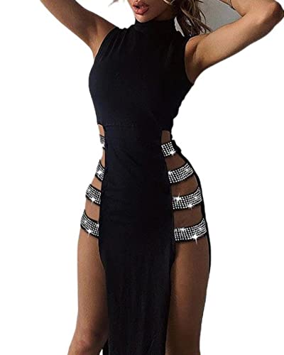 WEITING Sexy Nietenkleid für Damen, Party, Nachtclub, ärmellos, Stehkragen, hoher Schlitz, Diamant auf beiden Seiten, Sommerkleid mit Ausschnitt, Schwarz, XXL von WEITING