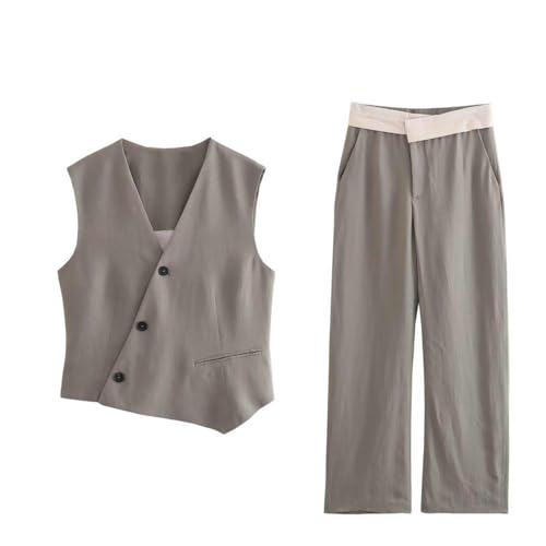 WEITING Sommer Damen asymmetrische Trendige Zweireihige Weste + Hose Anzug-Schwarze Hose-S von WEITING
