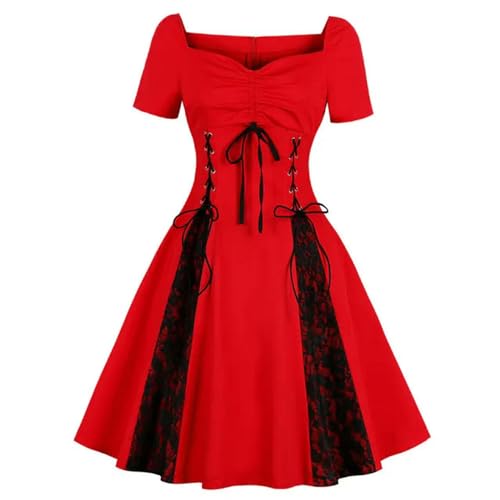 WEITING Vintage Damen Gothic Kleid 4XL Sexy Off Shoulder Lace Up Schwarz Rot Retro Casual Party Steampunk Punk Kleider -rotes Gothic Kleid-4XL von WEITING