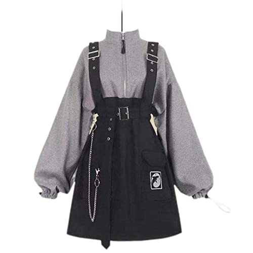 WEITING Y2K Damen Gothic Punk Lolita Hoodies Minikleid Lässig Hohe Taille Langarm Mädchen Fake Zweiteilige Patchwork Kleider + Gürtel Outfit-2 Set Gürtel und Kleid, XXL von WEITING