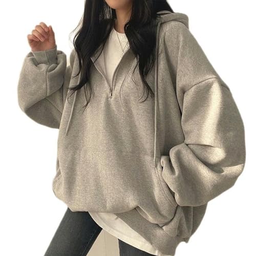 WEITING Y2K Koreanischer Hoodie Damen Harajuku Übergroße lässige Kapuzenmäntel Laterne Langarm Taschenpullover Sweatshirt-Grau-L von WEITING