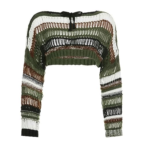 WEITING Y2k Stripe Hollow Out Fishnet Sweaters Smock Crop Tops Damen Oversize Pullover Grunge-Grün-M von WEITING