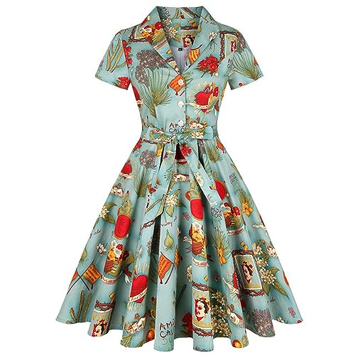 Weiß Gelbes Zitronen-Blumenkleid Kurzarm-Baumwoll-Tunika-Weste Elegantes Retro-Swing-Retro-Kleid Damen-Grün-XXL von WEITING