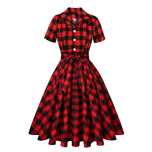 Weiß Gelbes Zitronen-Blumenkleid Kurzarm Baumwolle Tunika Weste Elegantes Retro Swing Retro Kleid Damen-rot kariert-XXL von WEITING