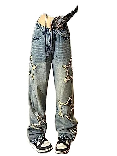 Y2K Vintage Frauen Koreanische Streetwear Übergroßen Stern Ästhetische Gerade Hosen Breite Bein Jeans Grunge Hip Hop Denim Hosen Kleidung von WEITING