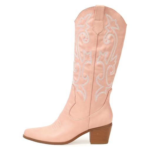 WEITOL High Heels Damen Western Cowgirl Cowboystiefel Weitem Schaft Spitzem Zehenbereich Klobiger Blockabsatz PU Leder Damenstiefel,Pink,35 von WEITOL