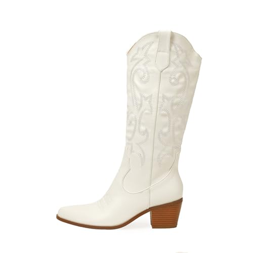 WEITOL High Heels Damen Western Cowgirl Cowboystiefel Weitem Schaft Spitzem Zehenbereich Klobiger Blockabsatz PU Leder Damenstiefel,White,37 von WEITOL