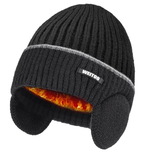 WEITOO Unisex-Winter Beanie Mütze Thermo Strickmütze Laufmützen für Herren und Damen Wintermütze mit Ohrenklappen Geschenke für Männer Fraue (Black) von WEITOO