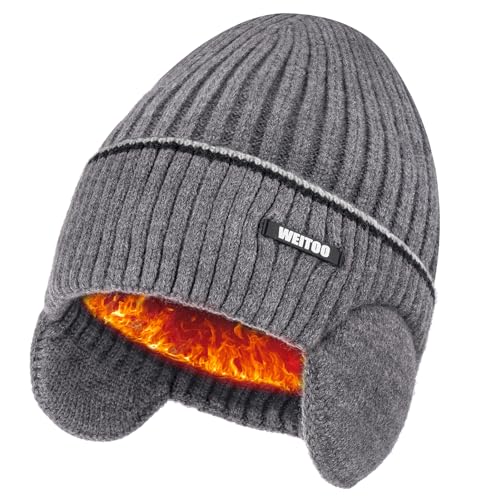 WEITOO Unisex-Winter Beanie Mütze Thermo Strickmütze Laufmützen für Herren und Damen Wintermütze mit Ohrenklappen Geschenke für Männer Fraue (Dark Grey) von WEITOO