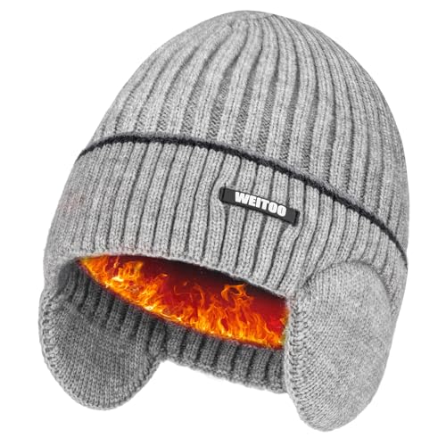 WEITOO Unisex-Winter Beanie Mütze Thermo Strickmütze Laufmützen für Herren und Damen Wintermütze mit Ohrenklappen Geschenke für Männer Fraue (Grey) von WEITOO