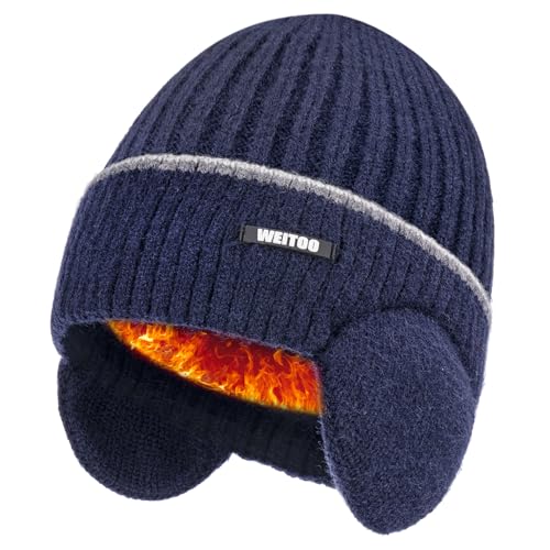 WEITOO Unisex-Winter Beanie Mütze Thermo Strickmütze Laufmützen für Herren und Damen Wintermütze mit Ohrenklappen Geschenke für Männer Fraue (Navy Blue) von WEITOO