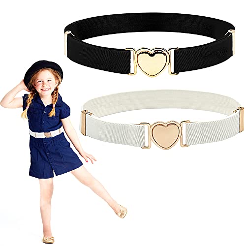 WEIWUXIAN Mädchen Gürtel, 2 Stück Herzform Gürtel, Kinder Gürtel, Mädchen Elastische Taillengürtel, Kinder Elastischer Gürtel mit Schnalle Herz für Kleider Jeans Hose Uniform (Schwarz, Weiß) von WEIWUXIAN