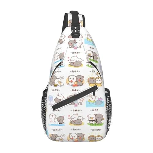WEIXNCXCJ Pfirsich Und Goma Collage Sling Brust Umhängetasche Männer Casual Paar Mochi Katze Schulterrucksack zum Wandern von WEIXNCXCJ
