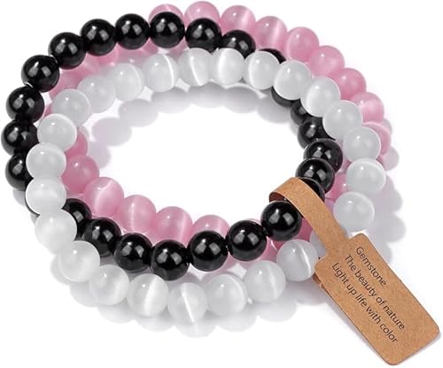 Handmade Echte Natursteinperlen Heilsteine Armband (White Cat Eye Stone&Pink Cat Eye Stone&Black Onyx) von WEIZAIJY