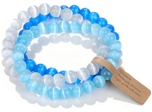 WEIZAIJY Handmade Echte Natursteinperlen Heilsteine Armband (Blauer Katze Augenstein&Weißer Katze Augenstein&Blauer Katze Augenstein) von WEIZAIJY