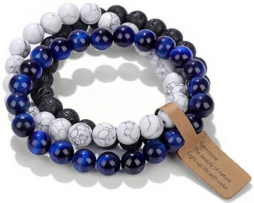 Handmade Echte Natursteinperlen Heilsteine Armband (Blauer Tiger Augenstein&Weißes Türkis&Grün gestreiftes Achat) von WEIZAIJY