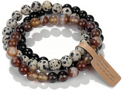 Handmade Echte Natursteinperlen Heilsteine Armband (Brown gestreiftes Achat&Dalmation&Schwarzer Onyx) von WEIZAIJY