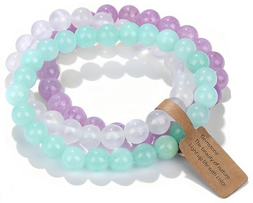 WEIZAIJY Handmade Echte Natursteinperlen Heilsteine Armband (Grüne Jade&Weiße Jade&Lila Jade) von WEIZAIJY