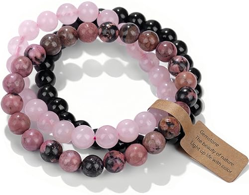 Handmade Echte Natursteinperlen Heilsteine Armband (Rhodonit&Rose Pink Quarz&Schwarzer Onyx) von WEIZAIJY