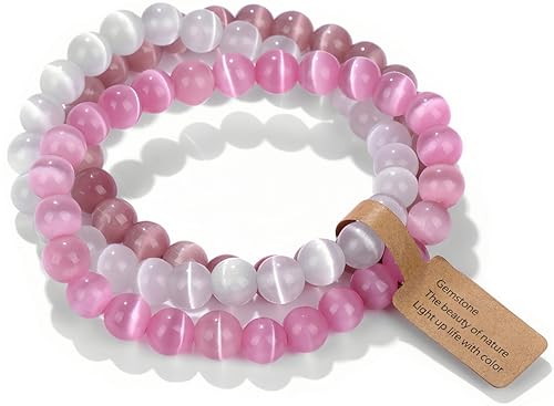 Handmade Echte Natursteinperlen Heilsteine Armband (Rosa Katze Augenstein&Weißer Katze Augenstein&Rosa Katze Augenstein) von WEIZAIJY