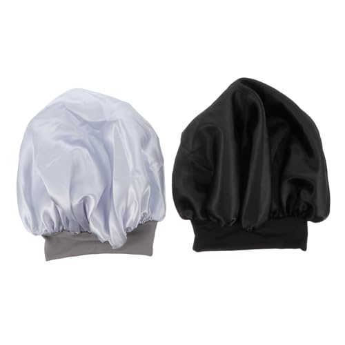 WEKADRIN 2 Stück Elastische Satin Schlafhauben Damen Nachtmütze Bequem Dehnbar für Schonenden Haarschutz Beim Schlafen und Pflegebehandlungen Schwarz Silber von WEKADRIN