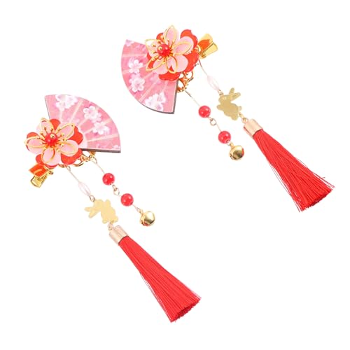 WEKADRIN 2 Stück Japanischer Haarschmuck Damen Haarklammern mit Fächerform und Roten Blumen Leichte Haarnadeln mit Quasten für Hochzeit Party Alltagslook Eleganter Haarschmuck für Mädchen von WEKADRIN