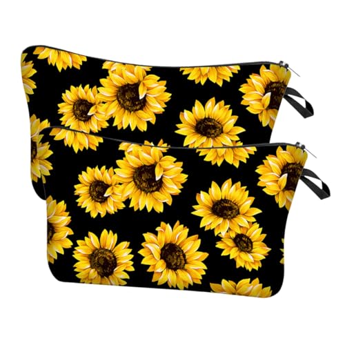 WEKADRIN 2 Stück Kosmetiktasche Gelb mit Sonnenblumen Motiv Leichte Kulturbeutel aus Polyester mit Reißverschluss Handlich für Reise und Alltag Praktische Make up Tasche für Damen und von WEKADRIN
