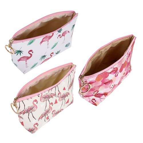 WEKADRIN 3 Stück Teiliges Flamingo Muster Kosmetiktaschen Tragbar Pu Material Vielseitiger Organizer für Damen für Reisen Camping und Tägliche Aufbewahrung von WEKADRIN