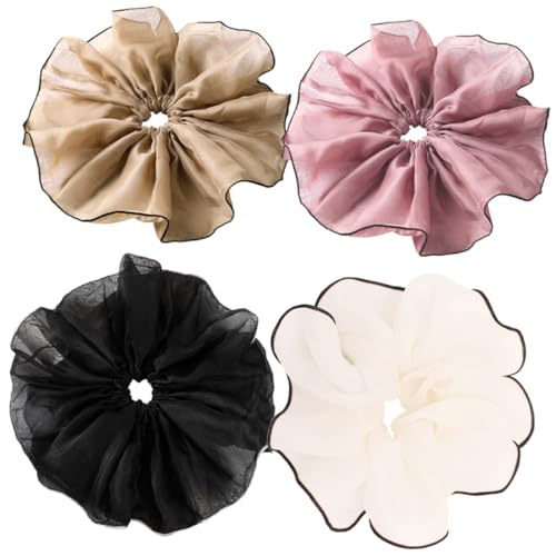 WEKADRIN 4 Stück Teiliges Große Elastische Haar Scrunchies aus Netzstoff Extra Weiche Ponytail Halter für Damen und Mädchen in Schwarz Khaki Rosa Weiß Vielseitig für Alltag Party Sport und von WEKADRIN